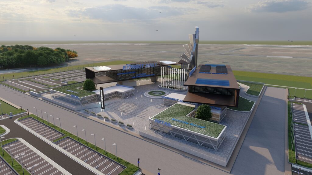 Aerial rendering of the Weather Experience complex